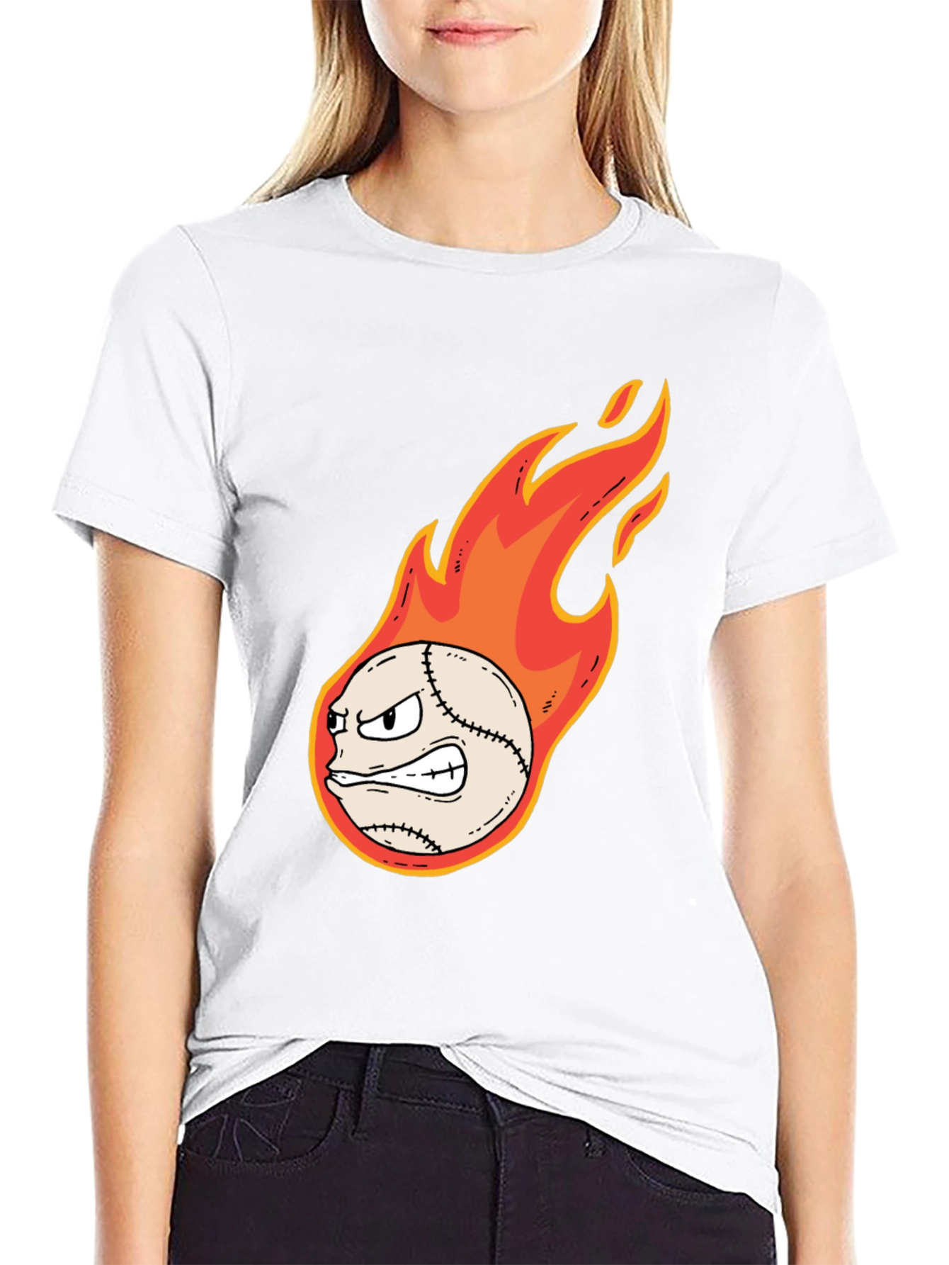 Flaming Baseball Graphic Tee - Black Cotton T-Shirt
