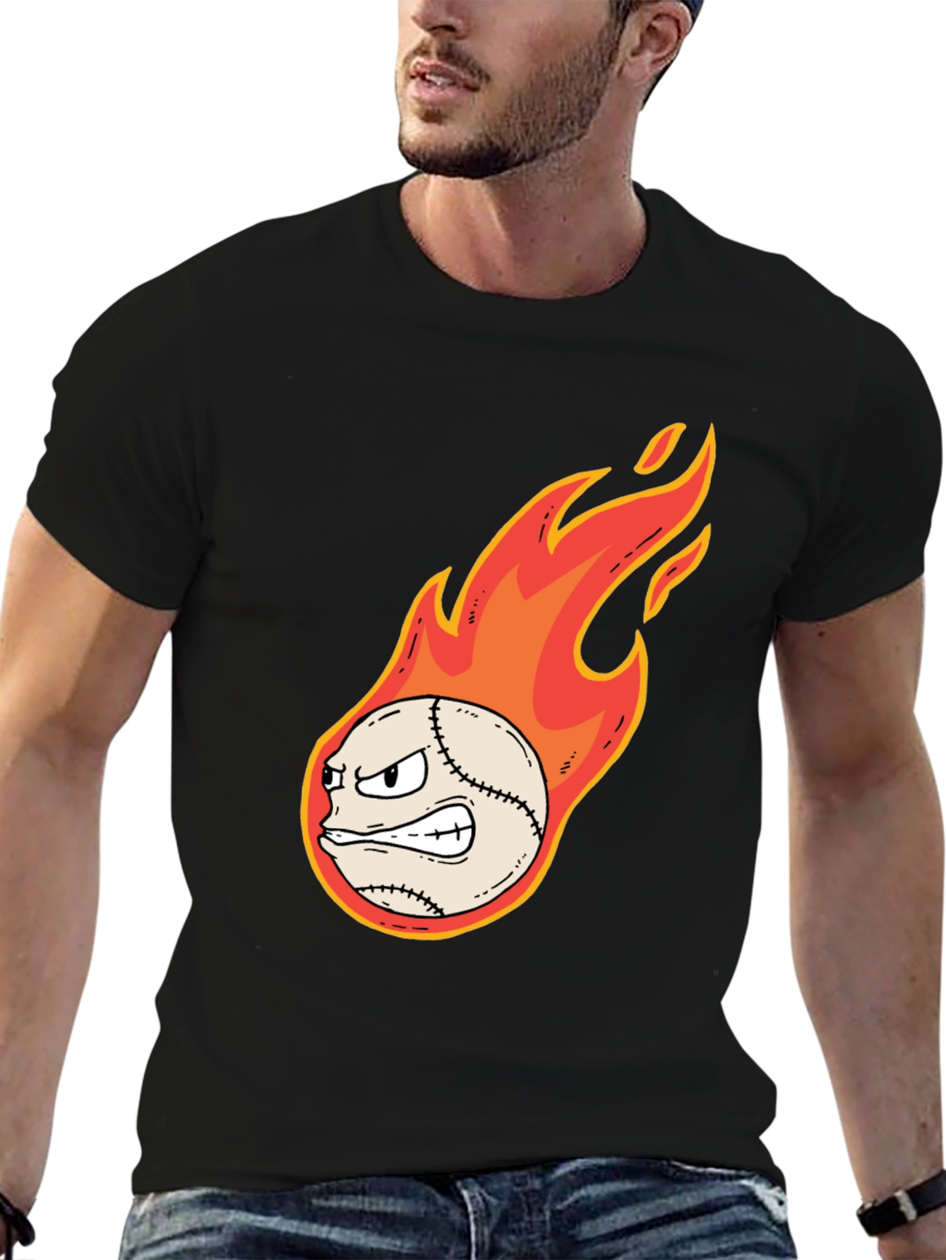 Flaming Baseball Graphic Tee - Black Cotton T-Shirt