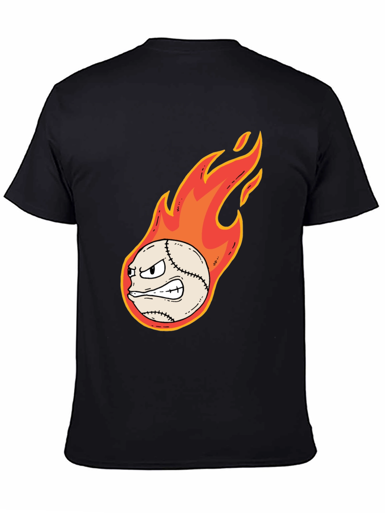 Flaming Baseball Graphic Tee - Black Cotton T-Shirt