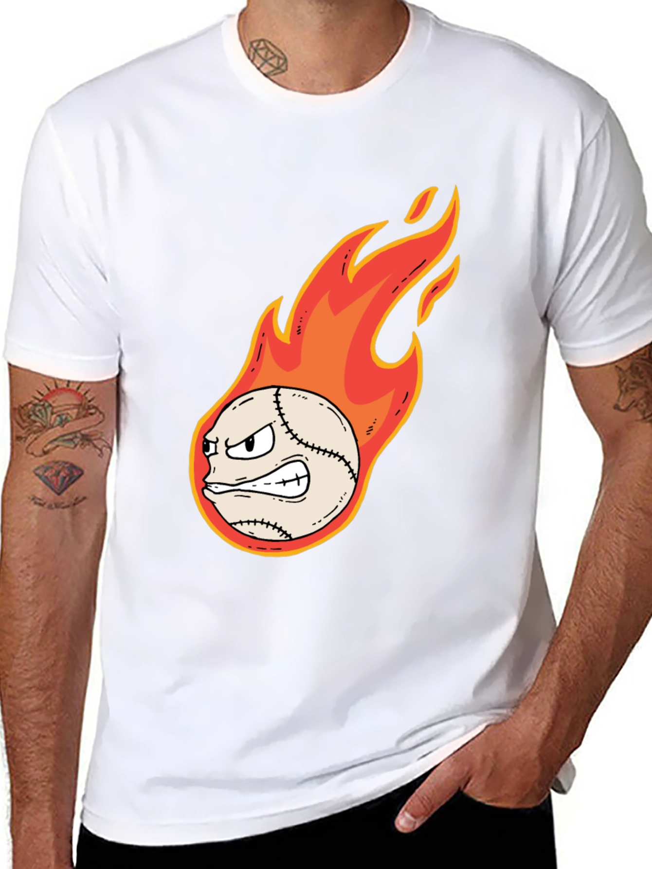 Flaming Baseball Graphic Tee - Black Cotton T-Shirt