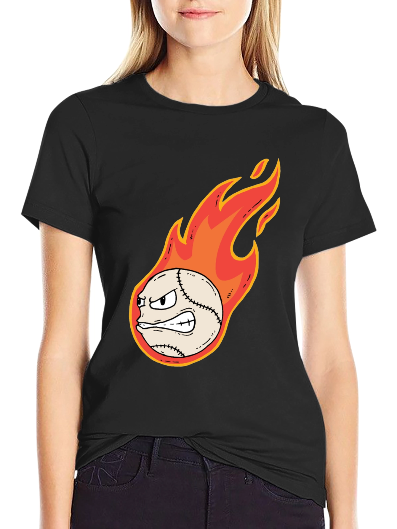 Flaming Baseball Graphic Tee - Black Cotton T-Shirt