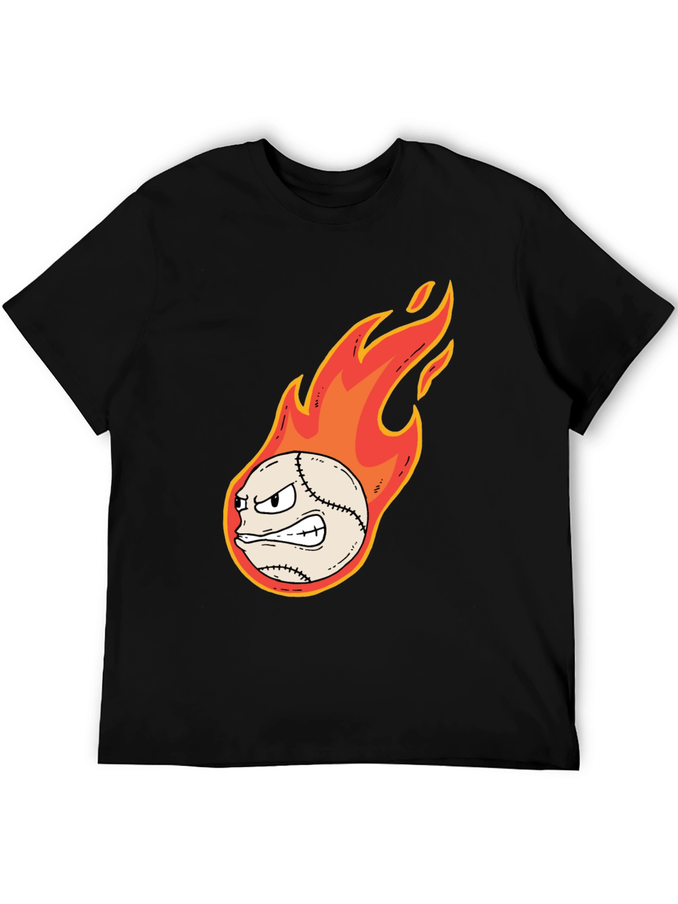 Flaming Baseball Graphic Tee - Black Cotton T-Shirt