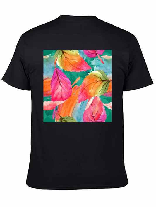 Watercolor Leaf Print Black T-Shirt