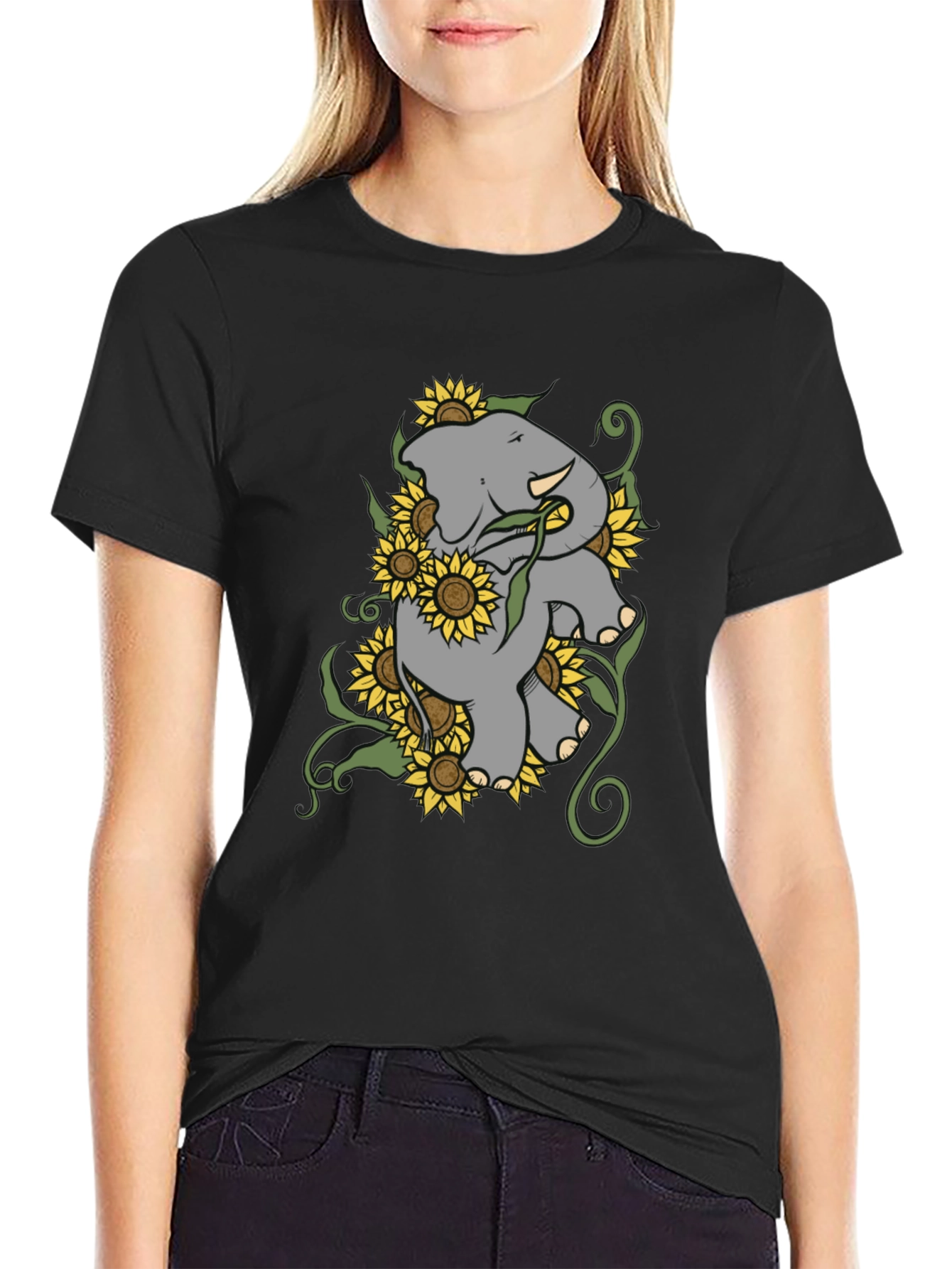 Elephant & Sunflower Graphic Tee - Casual Comfort