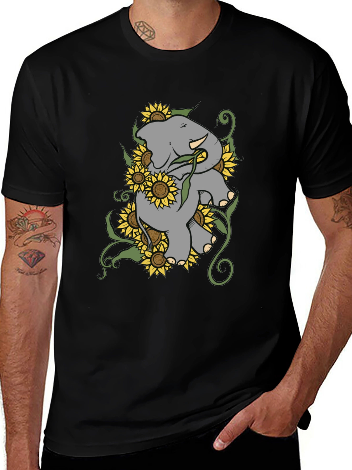 Elephant & Sunflower Graphic Tee - Casual Comfort