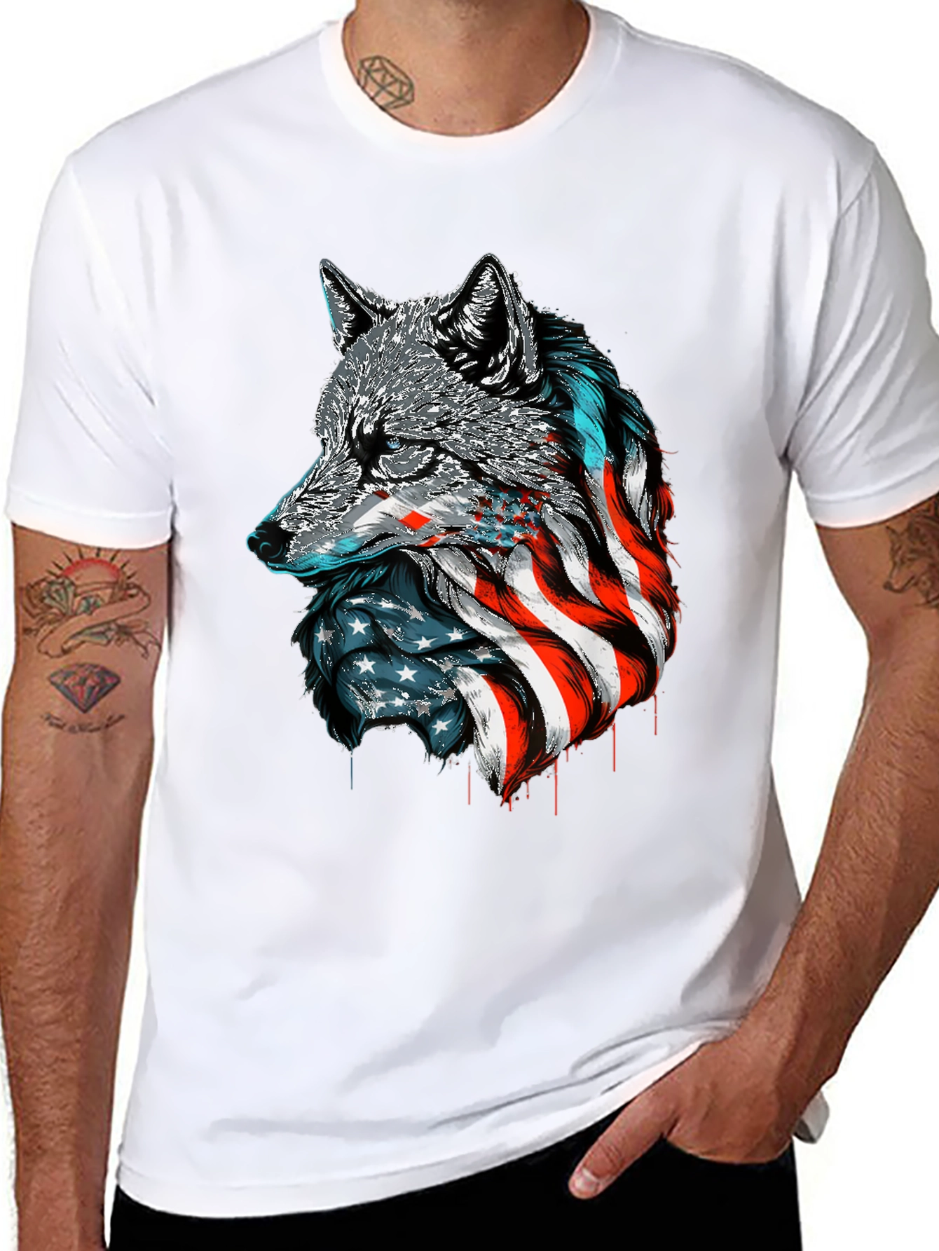 Patriotic Wolf Graphic Tee - American Flag Design