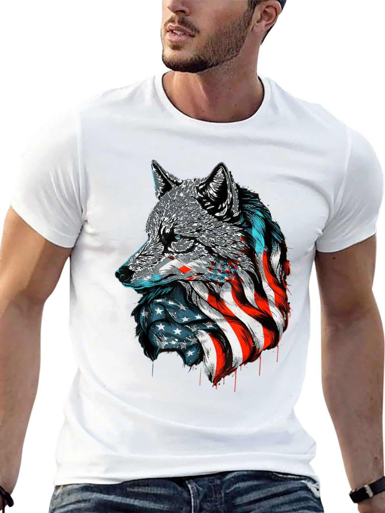 Patriotic Wolf Graphic Tee - American Flag Design