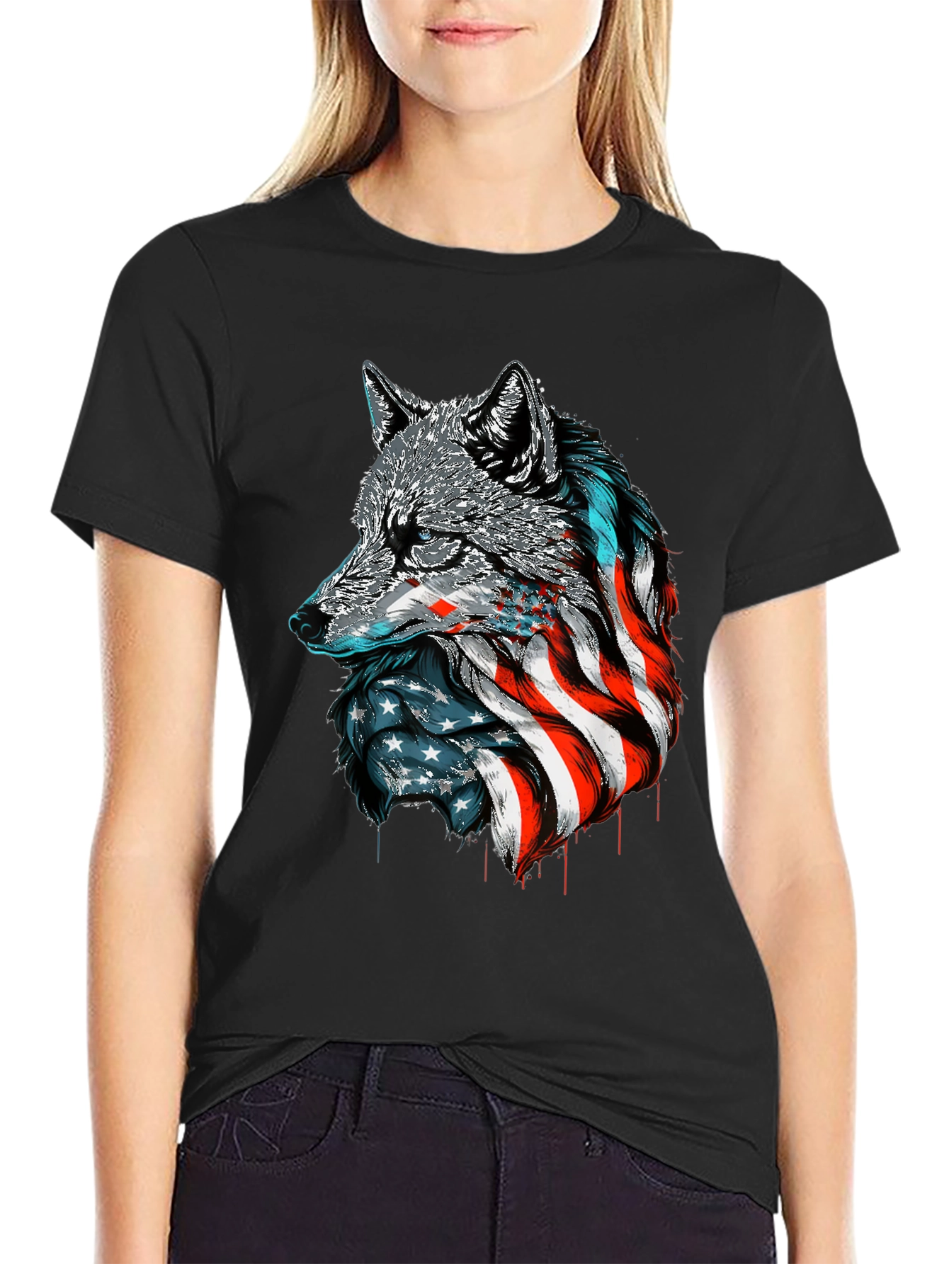 Patriotic Wolf Graphic Tee - American Flag Design