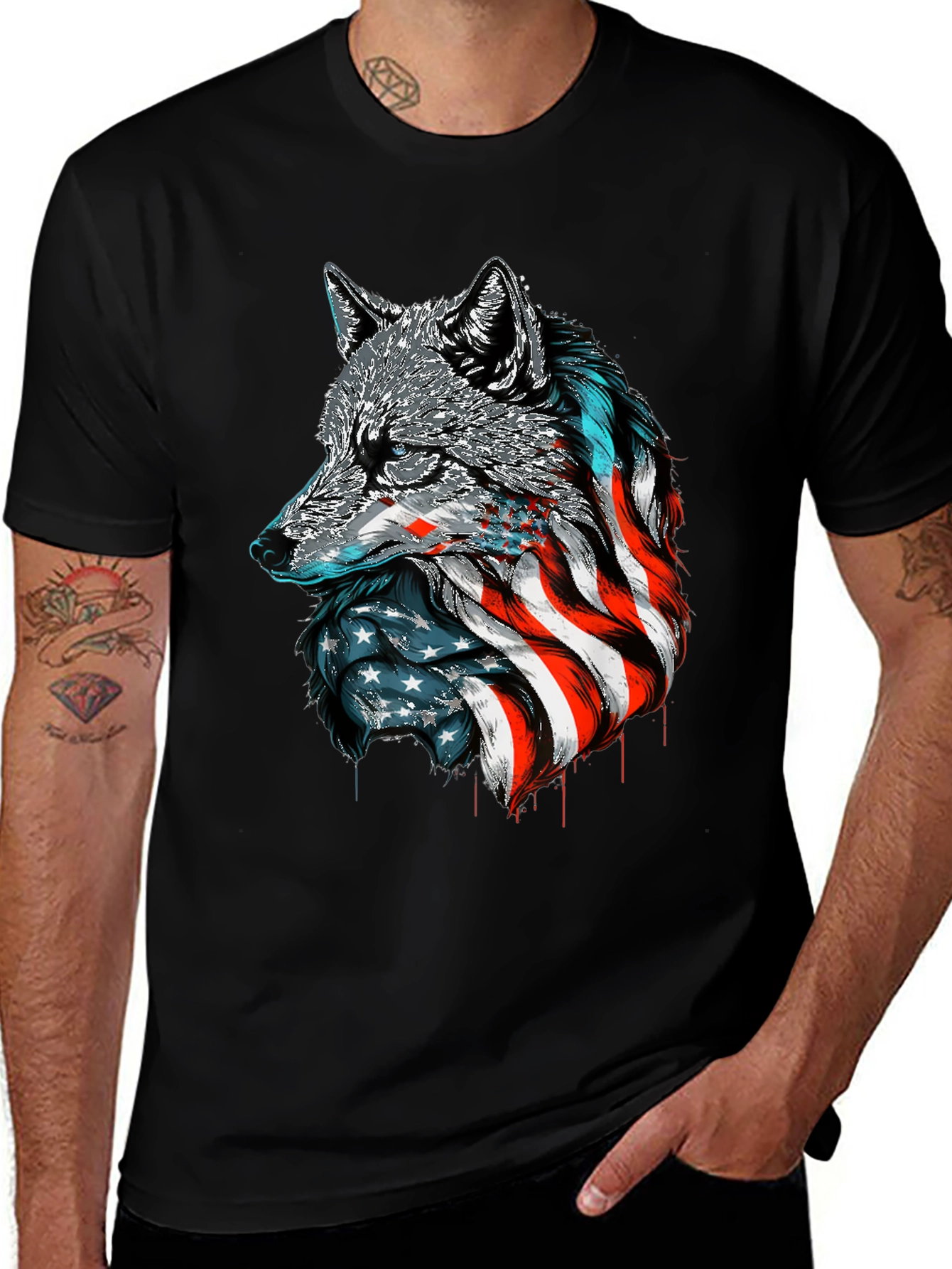 Patriotic Wolf Graphic Tee - American Flag Design