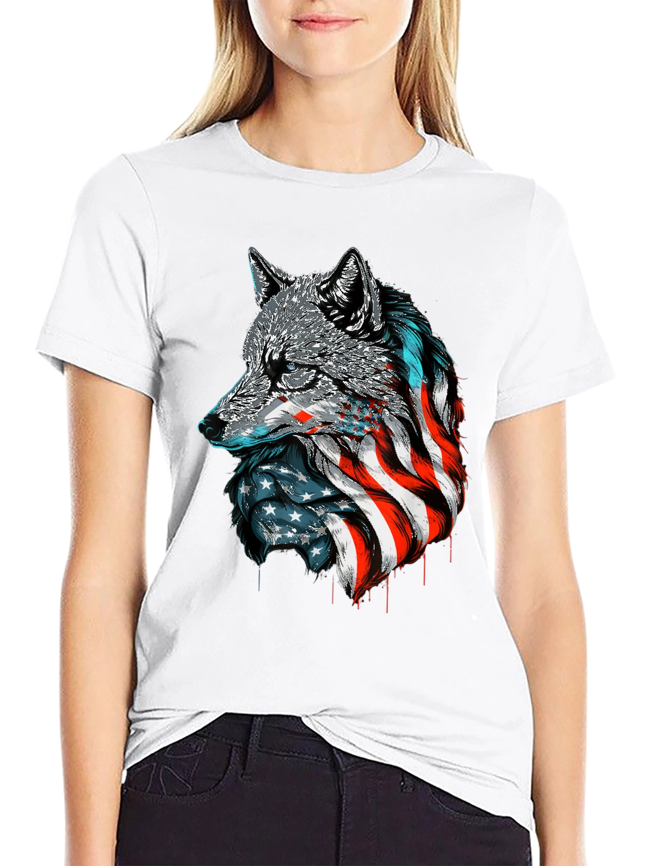 Patriotic Wolf Graphic Tee - American Flag Design