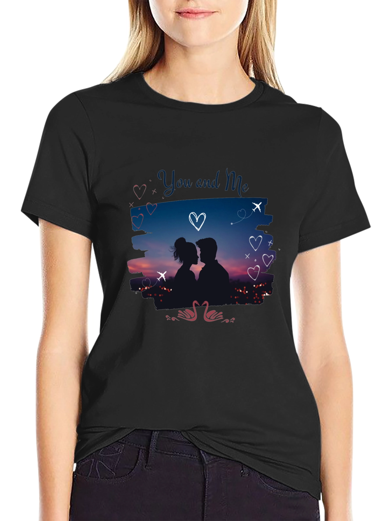 Romantic You and Me Graphic Black T-Shirt