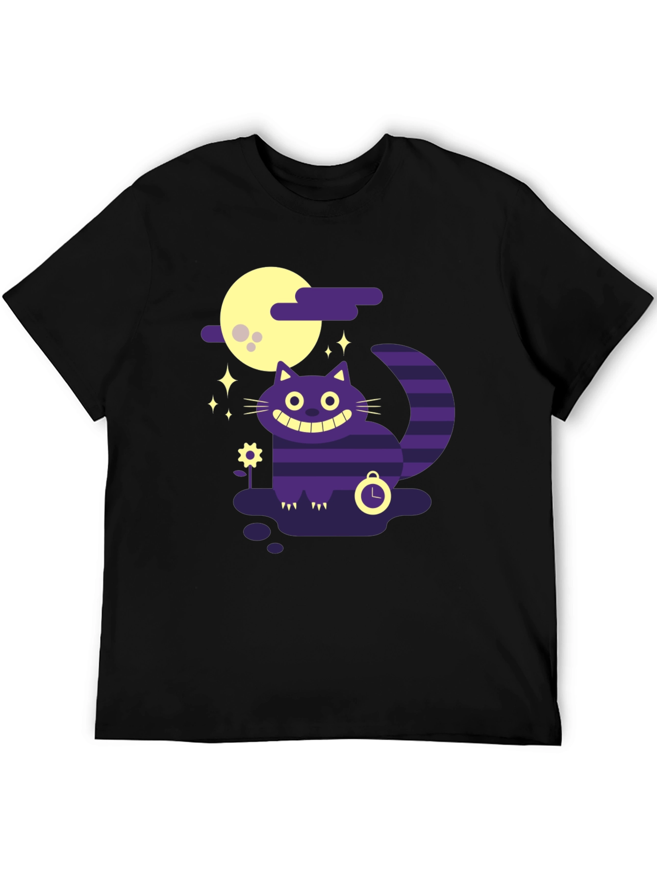 Whimsical Cheshire Cat Graphic Tee - Black Cotton Shirt
