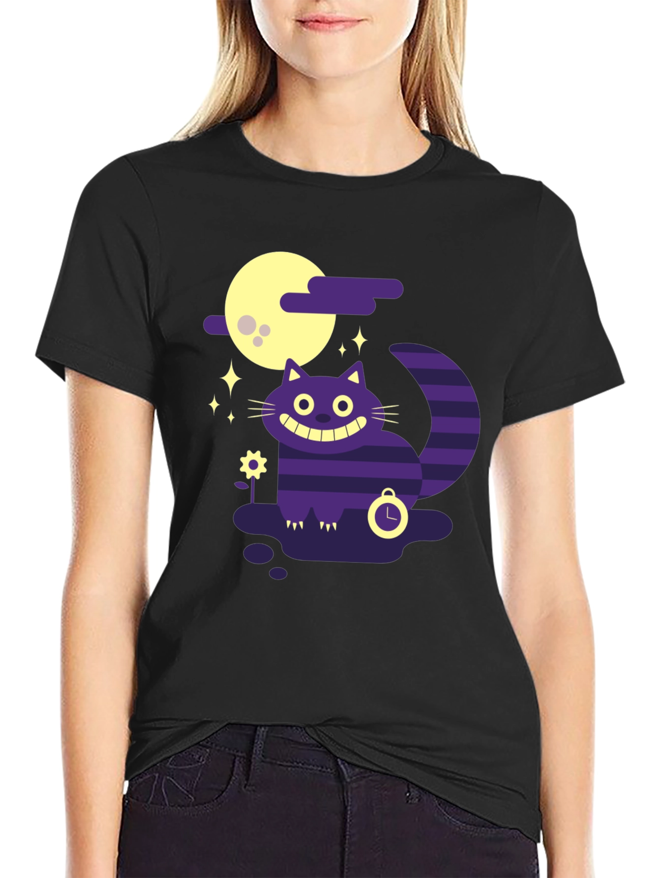 Whimsical Cheshire Cat Graphic Tee - Black Cotton Shirt