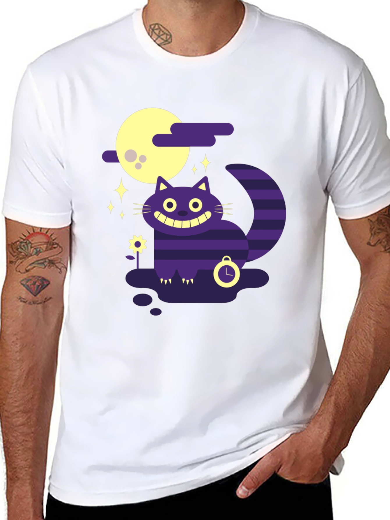 Whimsical Cheshire Cat Graphic Tee - Black Cotton Shirt