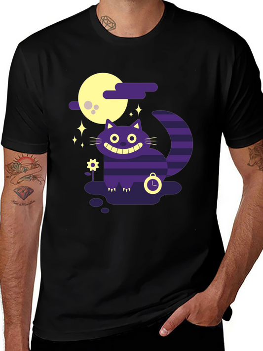 Whimsical Cheshire Cat Graphic Tee - Black Cotton Shirt