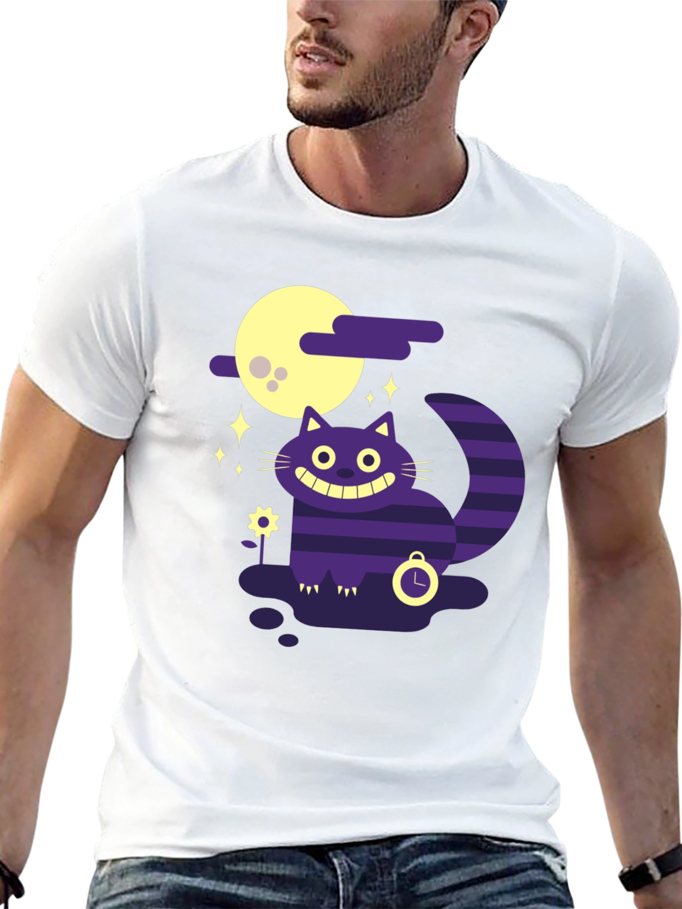 Whimsical Cheshire Cat Graphic Tee - Black Cotton Shirt