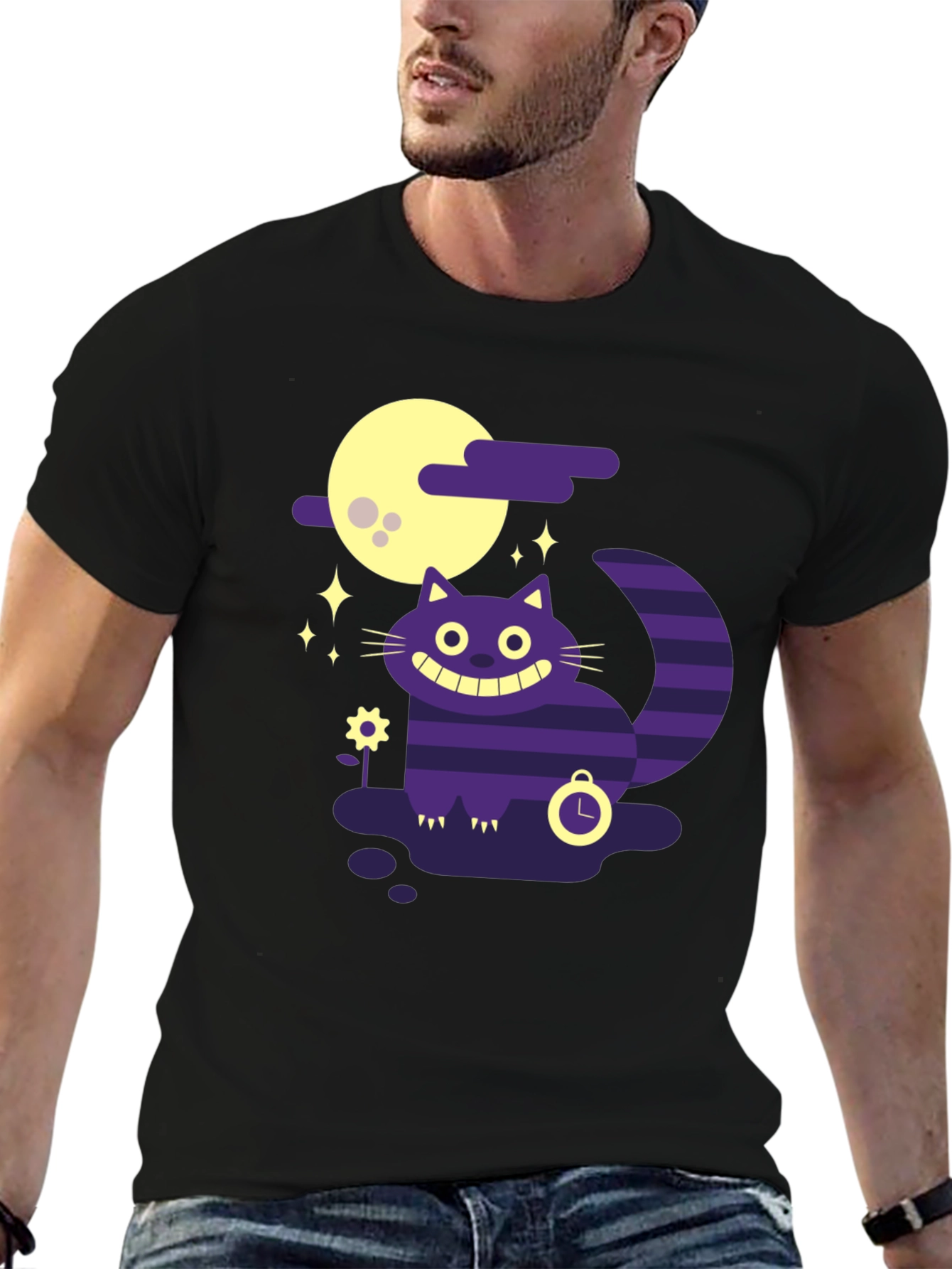 Whimsical Cheshire Cat Graphic Tee - Black Cotton Shirt