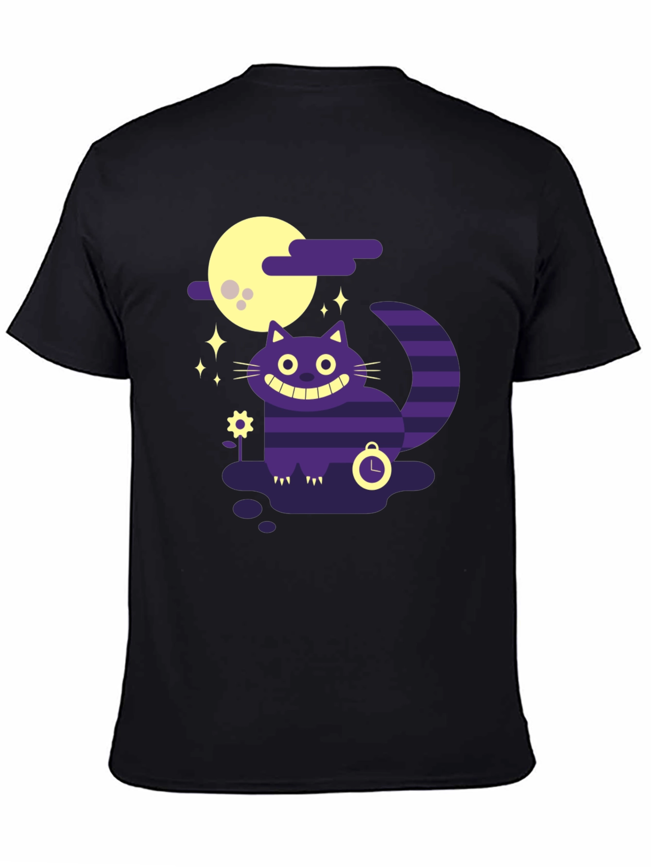 Whimsical Cheshire Cat Graphic Tee - Black Cotton Shirt