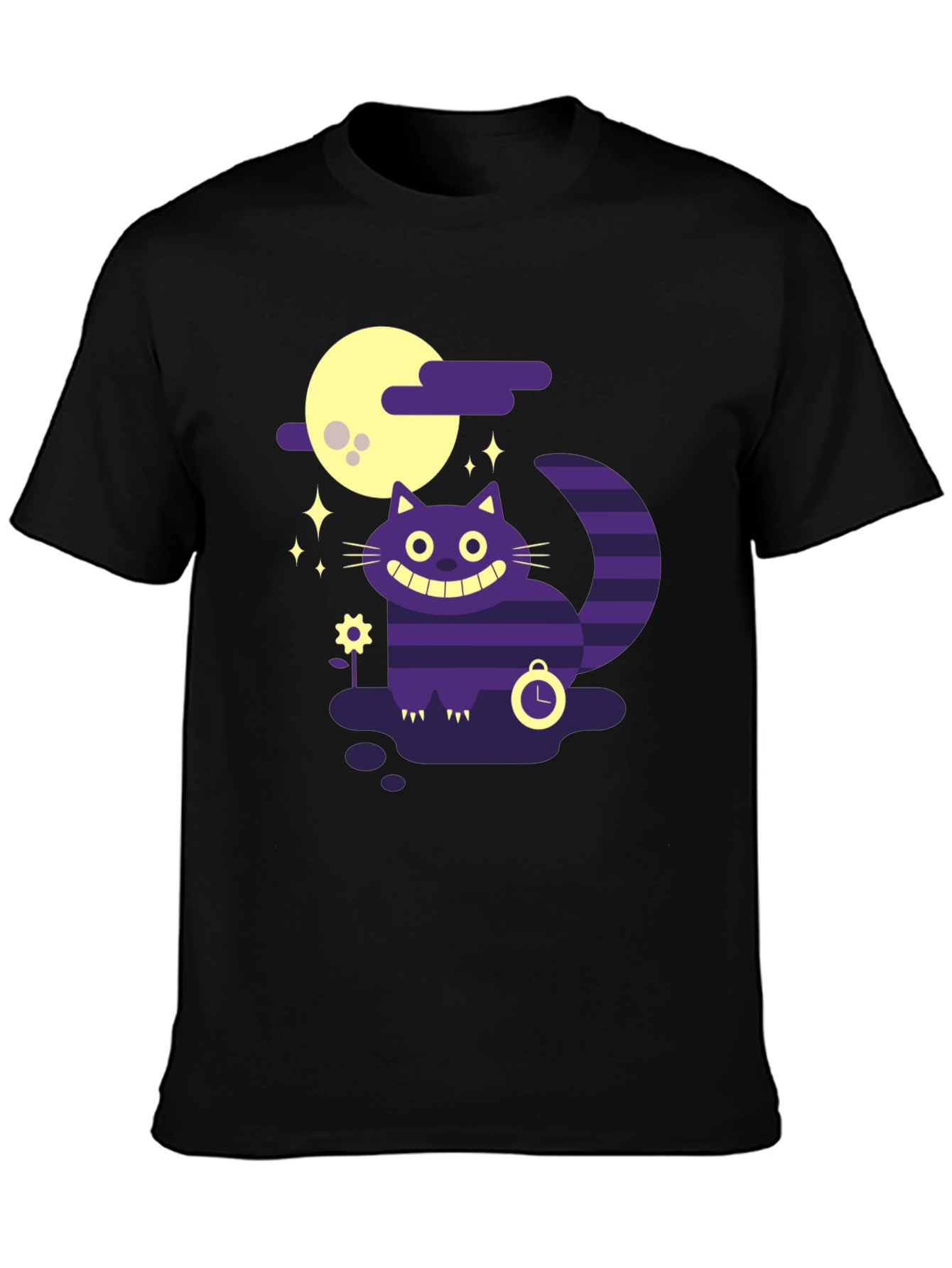 Whimsical Cheshire Cat Graphic Tee - Black Cotton Shirt