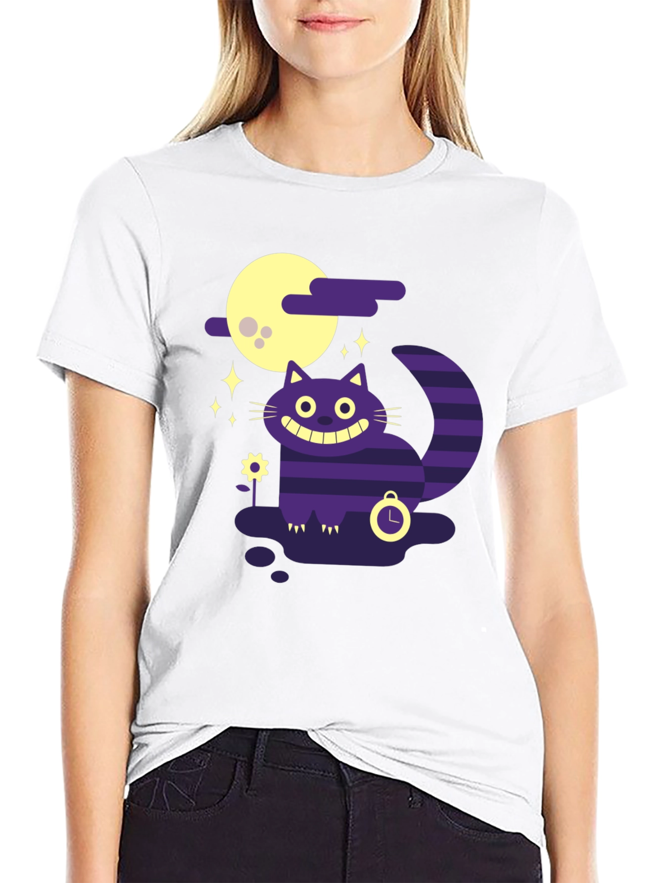 Whimsical Cheshire Cat Graphic Tee - Black Cotton Shirt