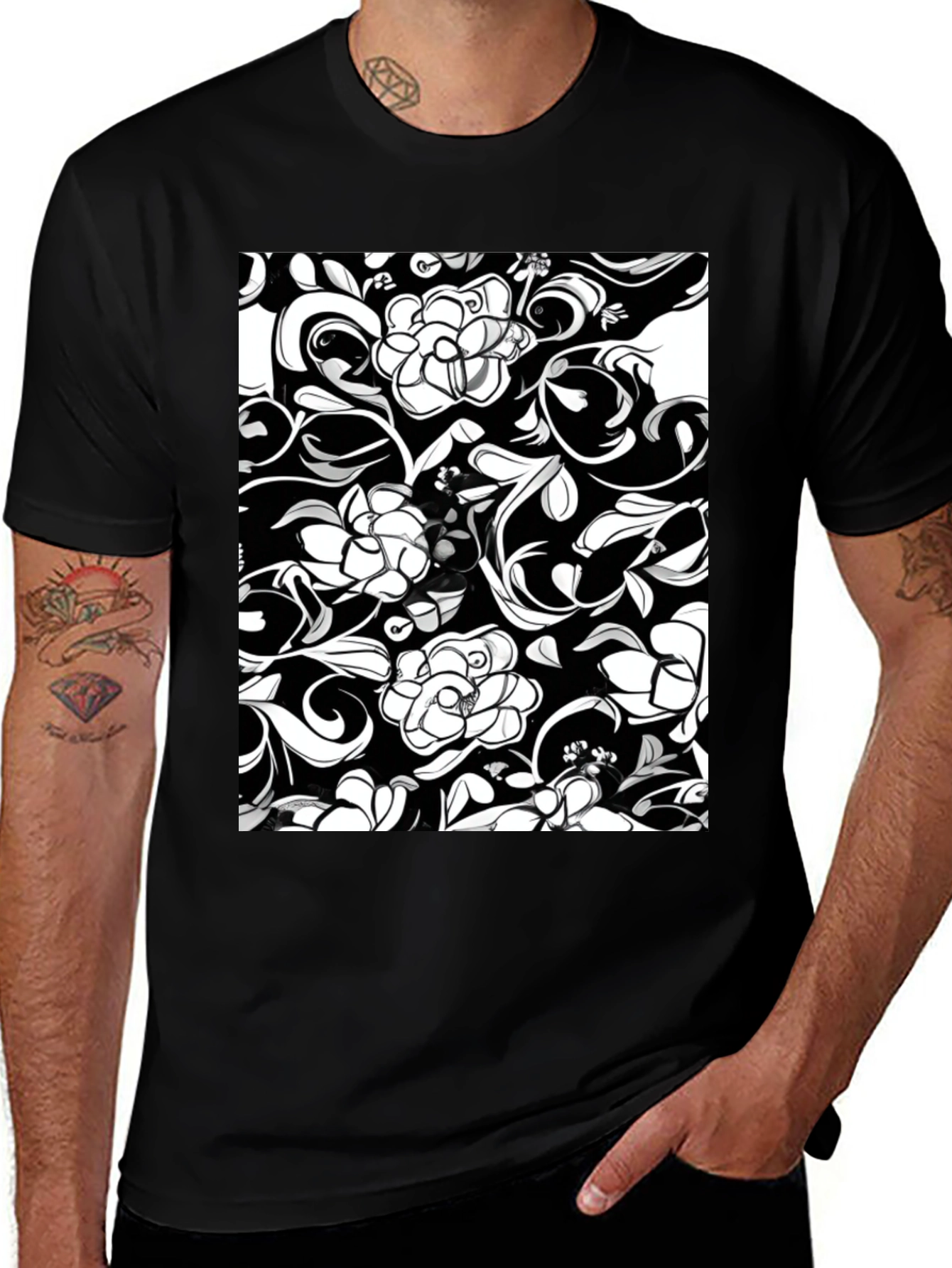 Elegant Floral Print Black T-Shirt