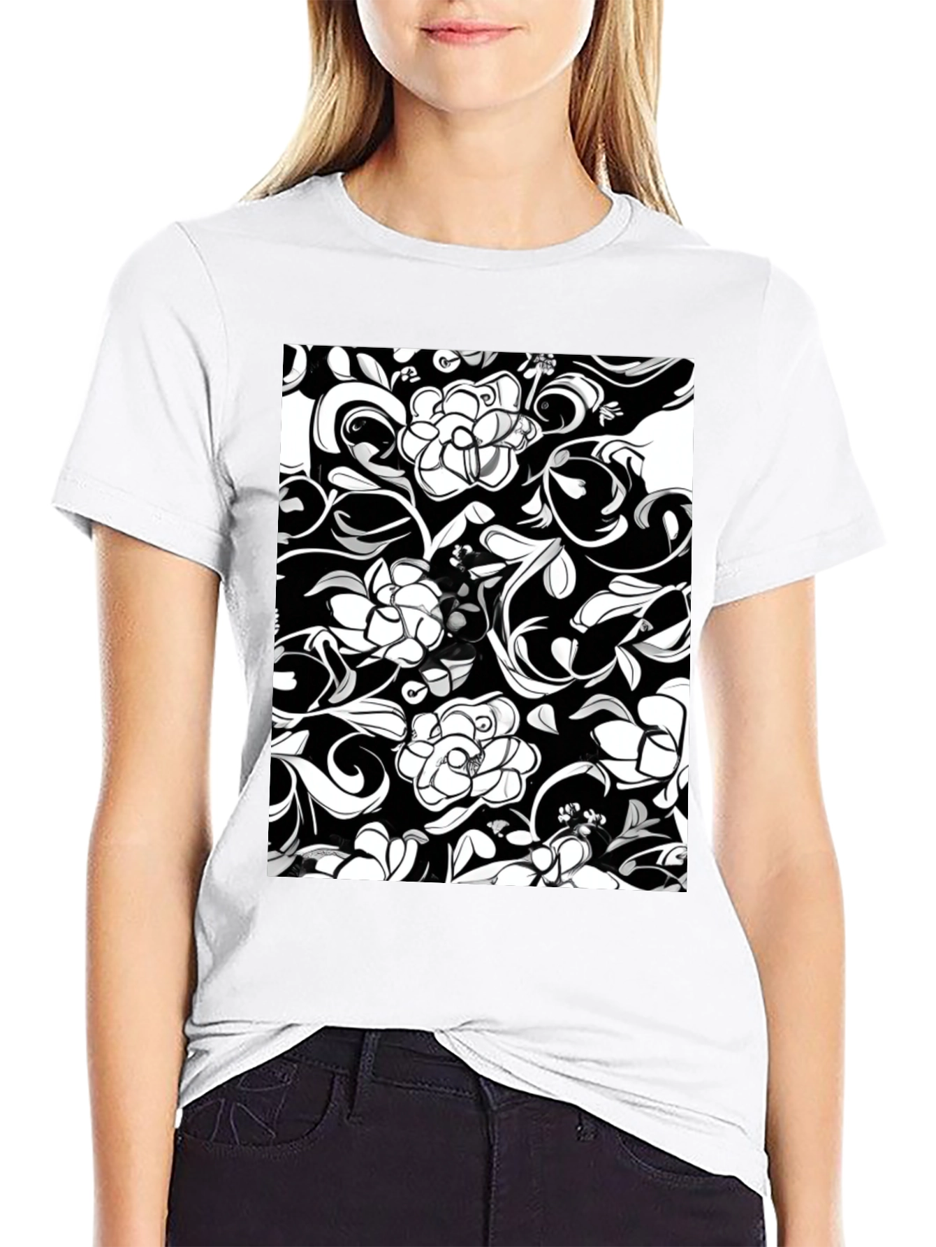 Elegant Floral Print Black T-Shirt