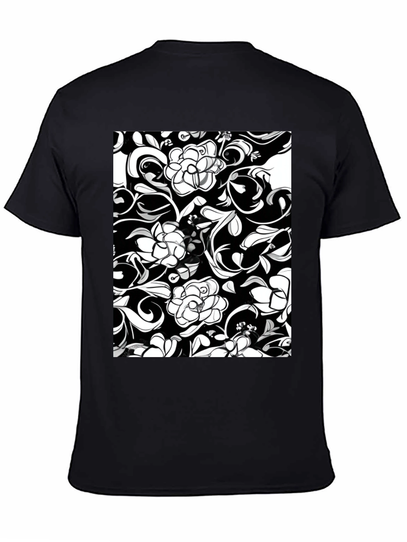 Elegant Floral Print Black T-Shirt