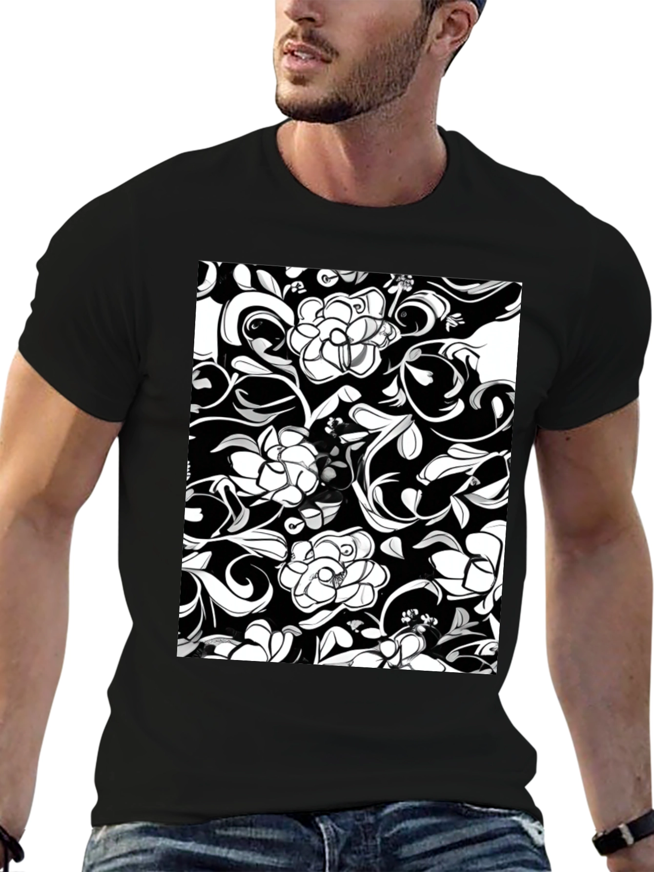 Elegant Floral Print Black T-Shirt