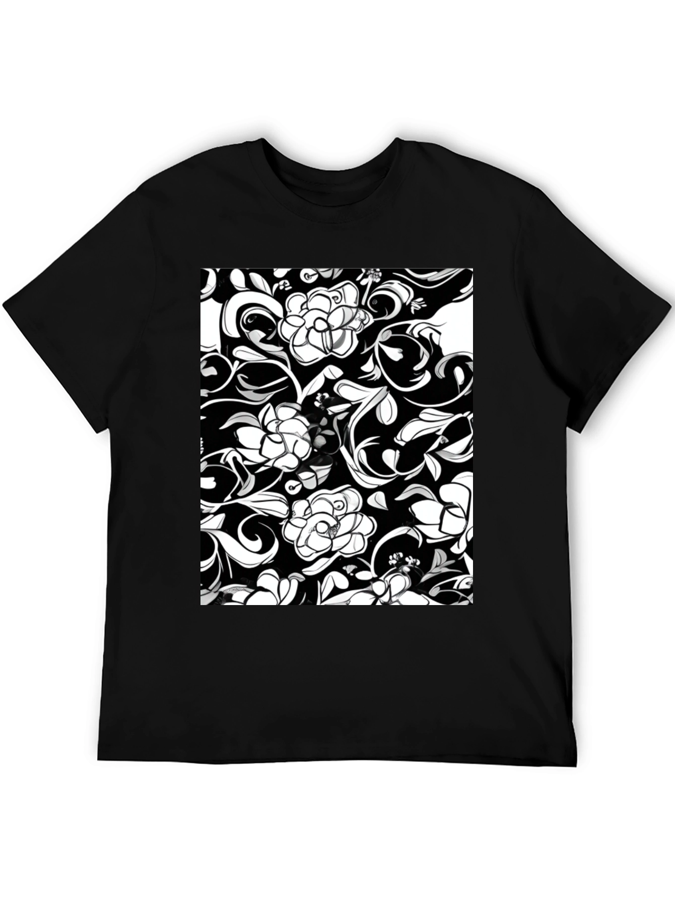 Elegant Floral Print Black T-Shirt