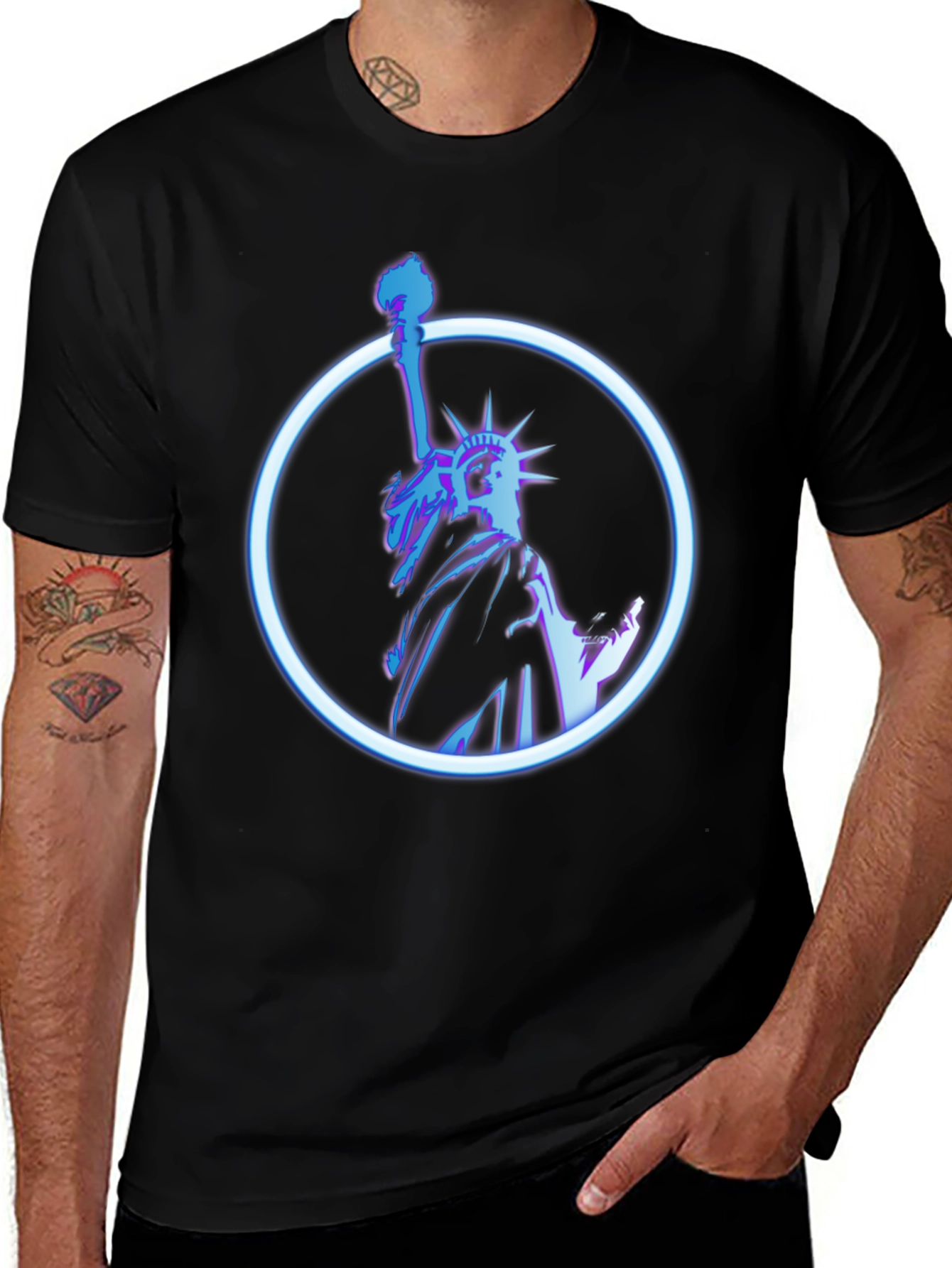 Statue of Liberty Neon Graphic Black T-Shirt