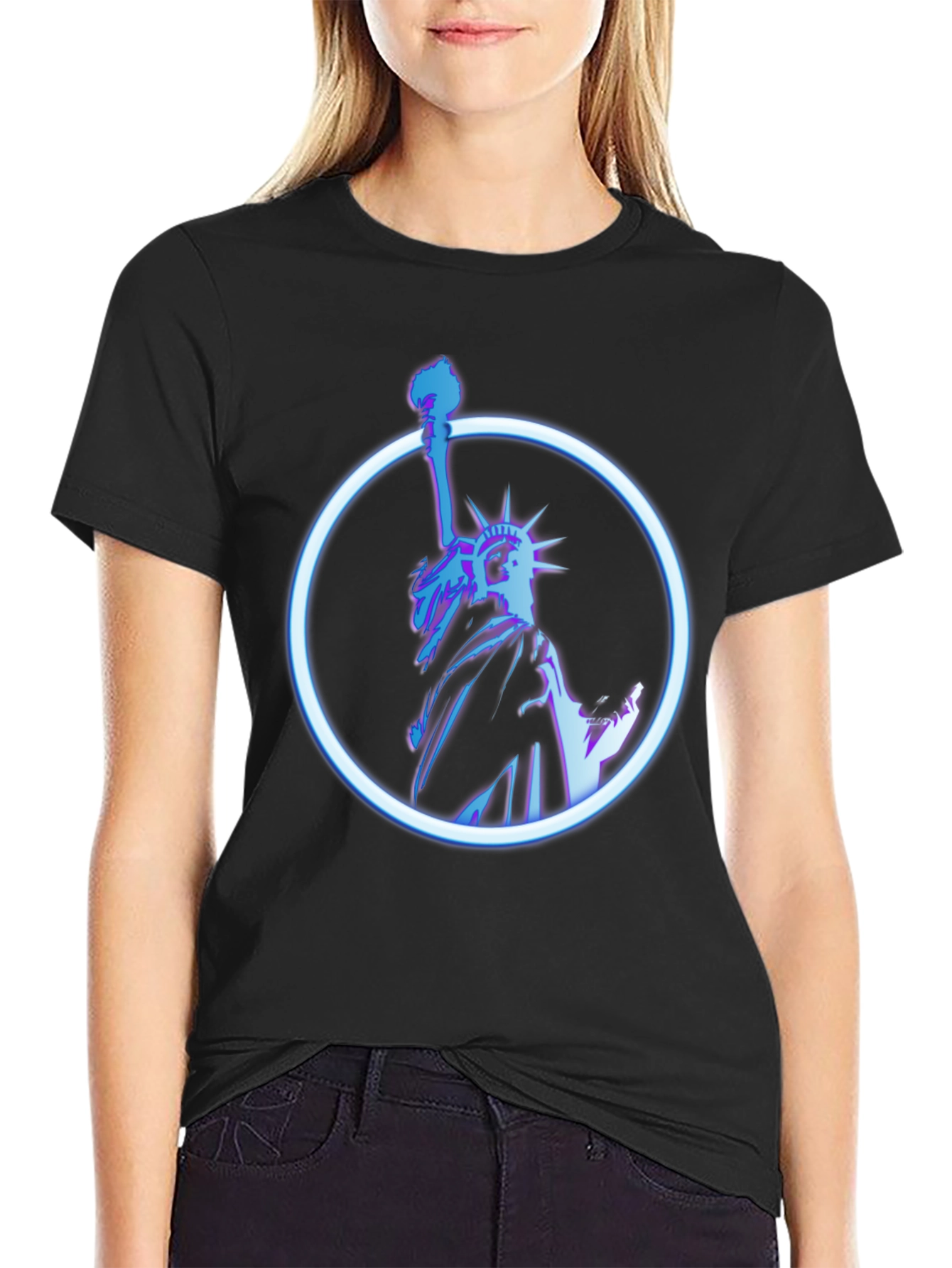 Statue of Liberty Neon Graphic Black T-Shirt