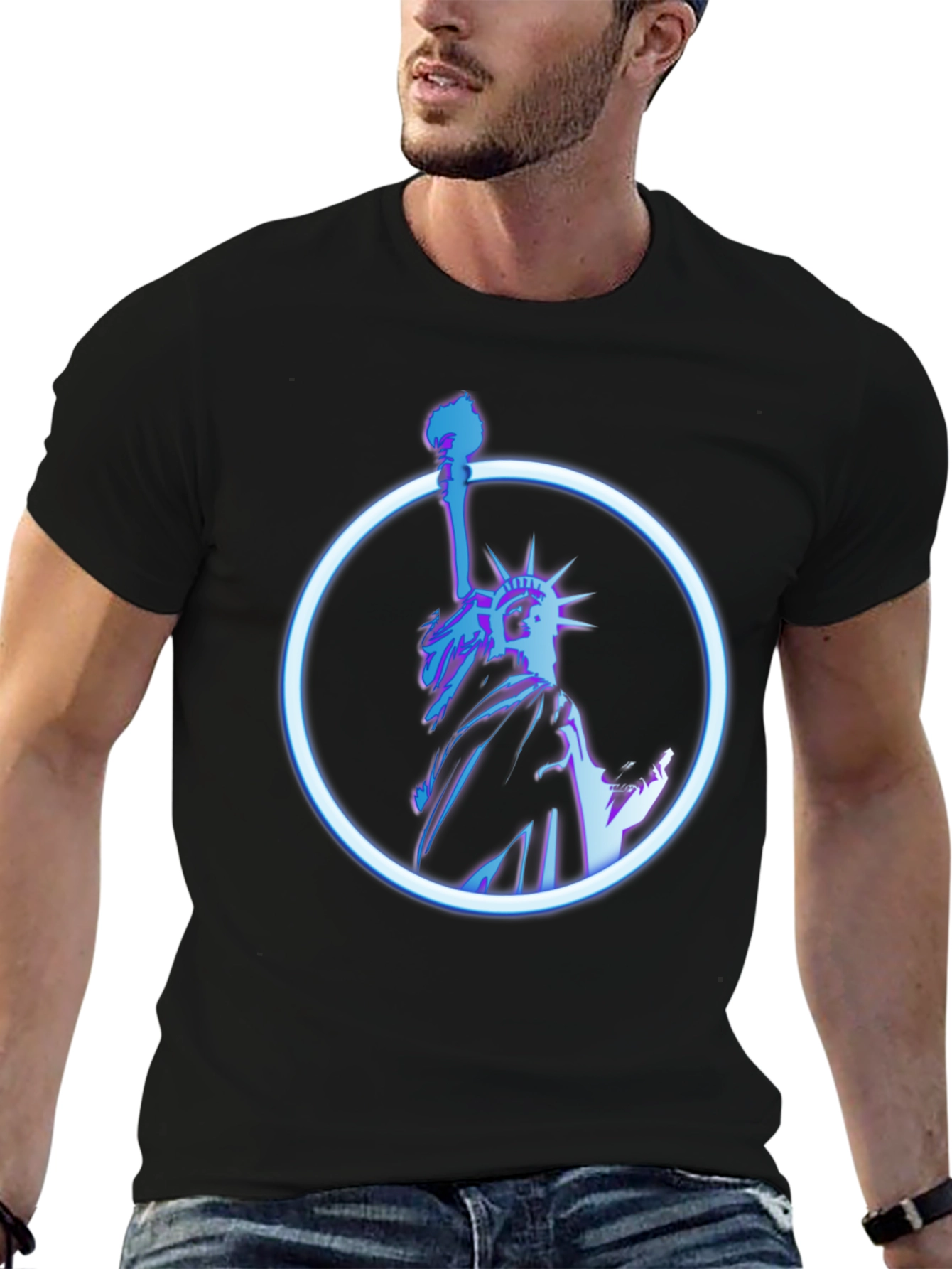 Statue of Liberty Neon Graphic Black T-Shirt