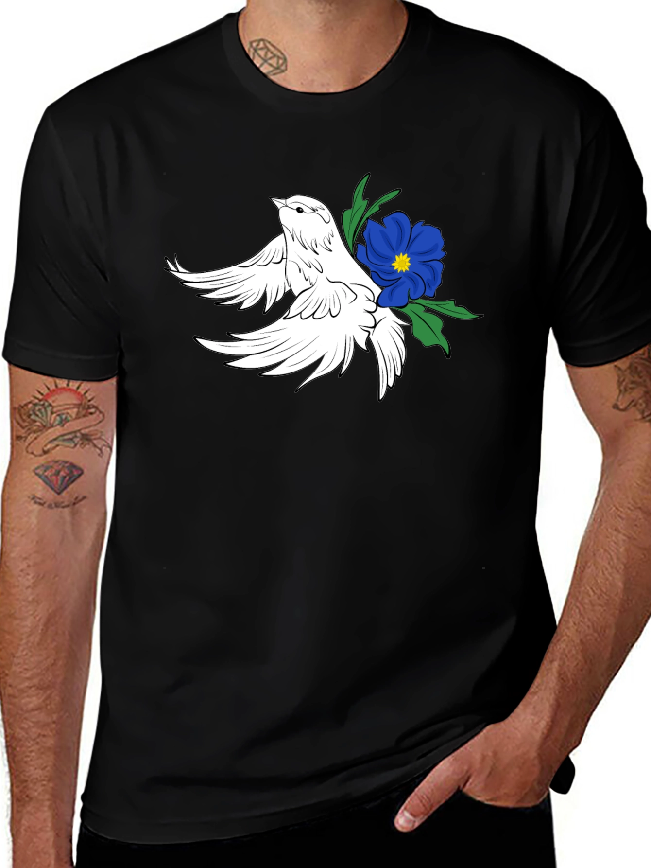Dove & Flower Graphic Black T-Shirt