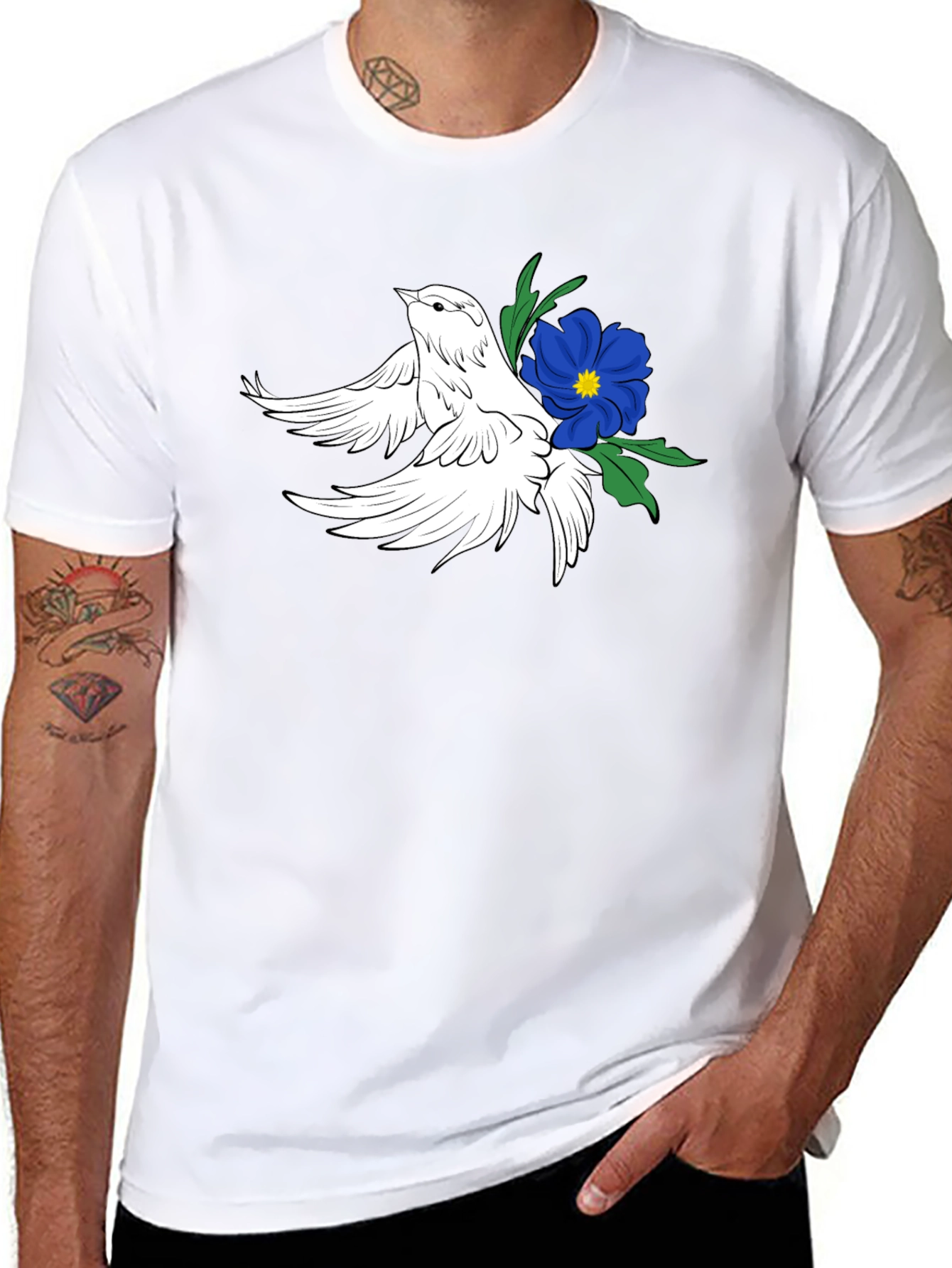 Dove & Flower Graphic Black T-Shirt