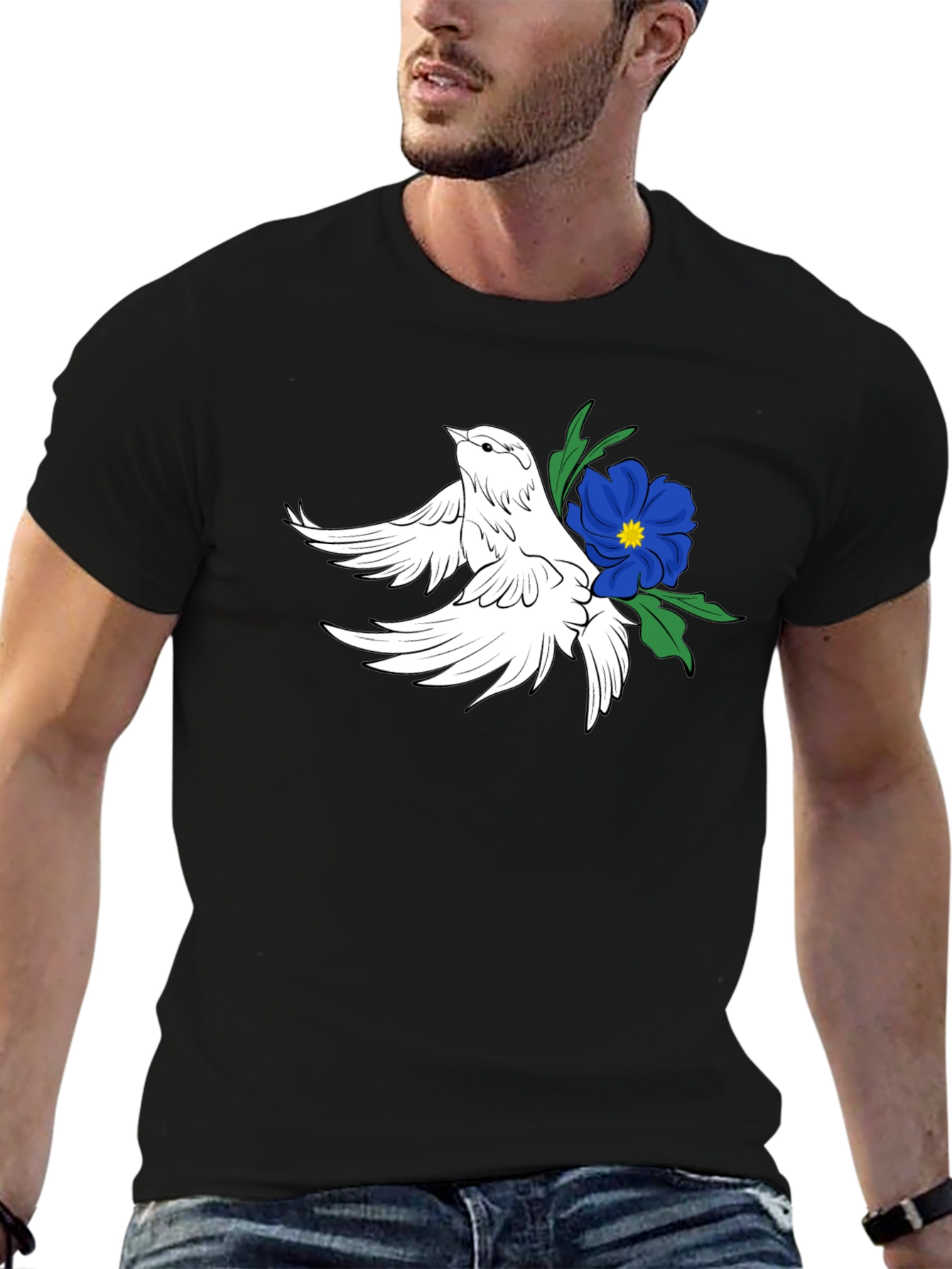 Dove & Flower Graphic Black T-Shirt