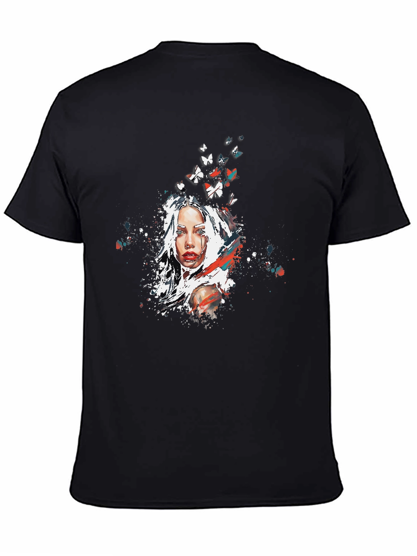 Artistic Woman Butterfly Graphic Black T-Shirt