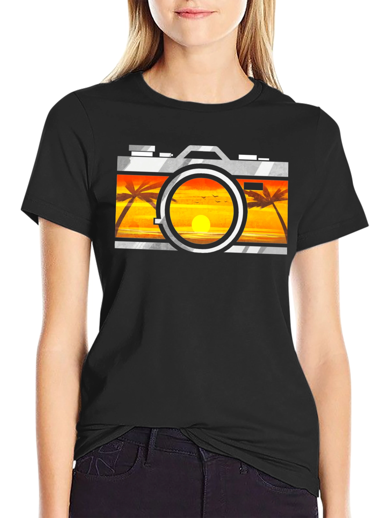 Sunset Camera Graphic Tee - Black Cotton T-Shirt