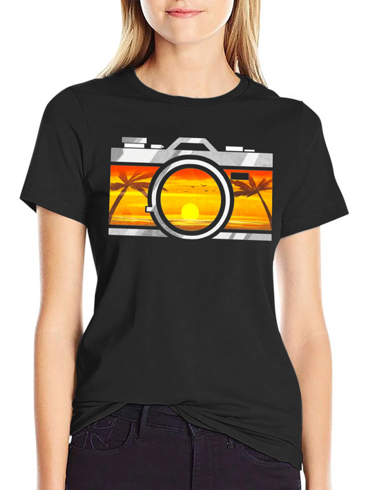 Sunset Camera Graphic Tee - Black Cotton T-Shirt