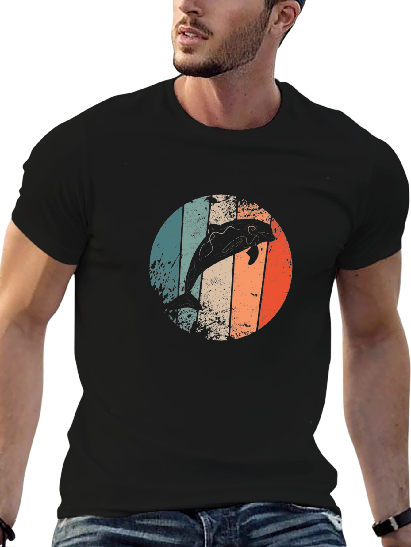 Retro Dolphin Graphic Tee - Mens Black T-Shirt