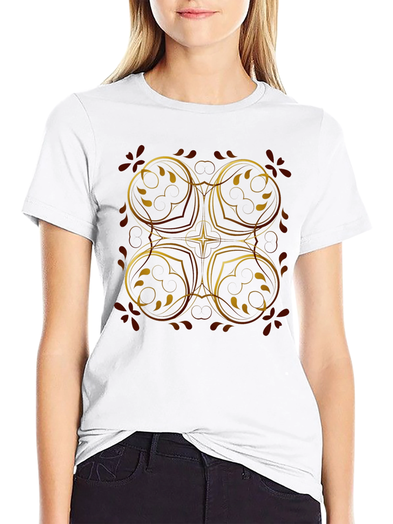 Elegant Black T-Shirt with Golden Floral Design
