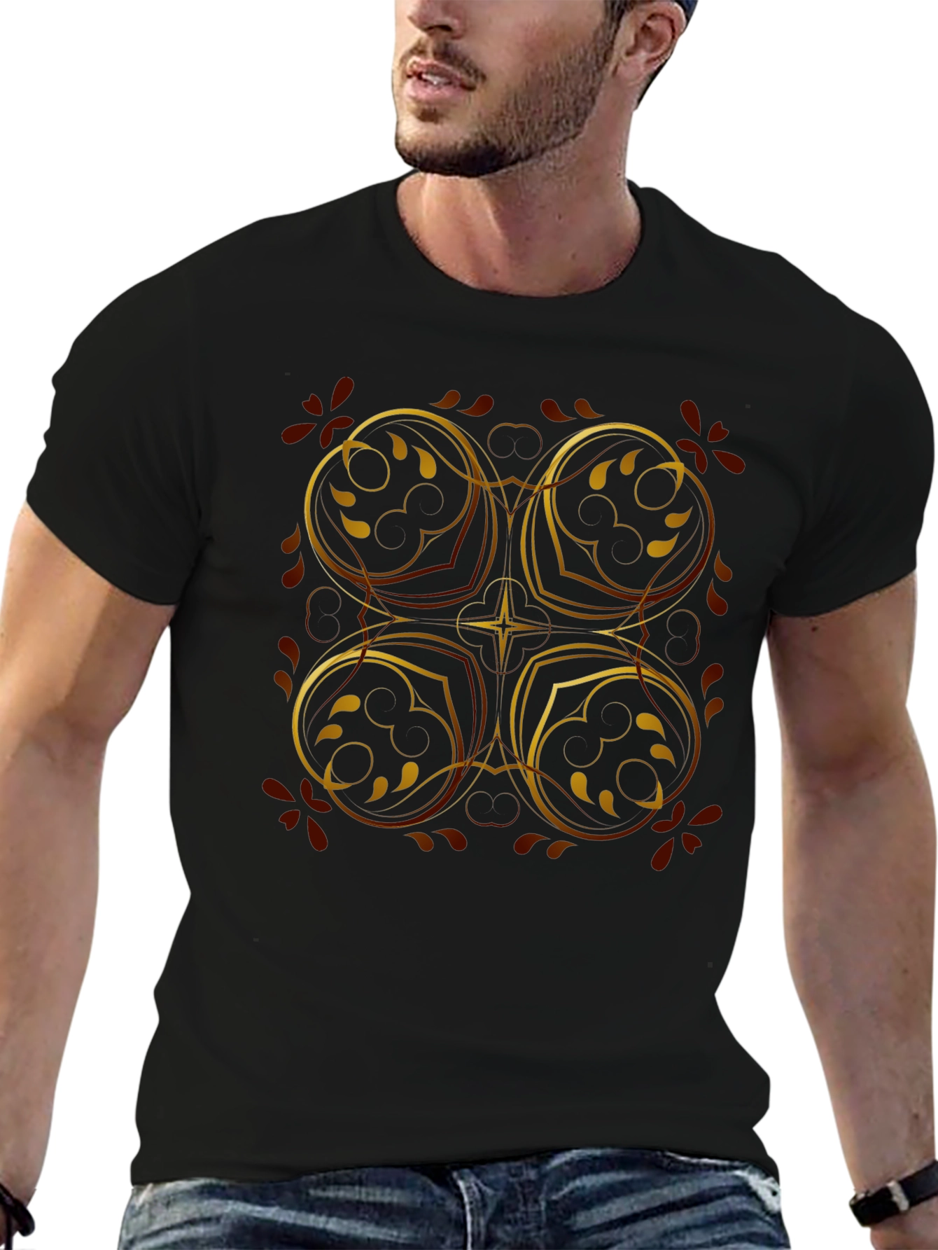 Elegant Black T-Shirt with Golden Floral Design