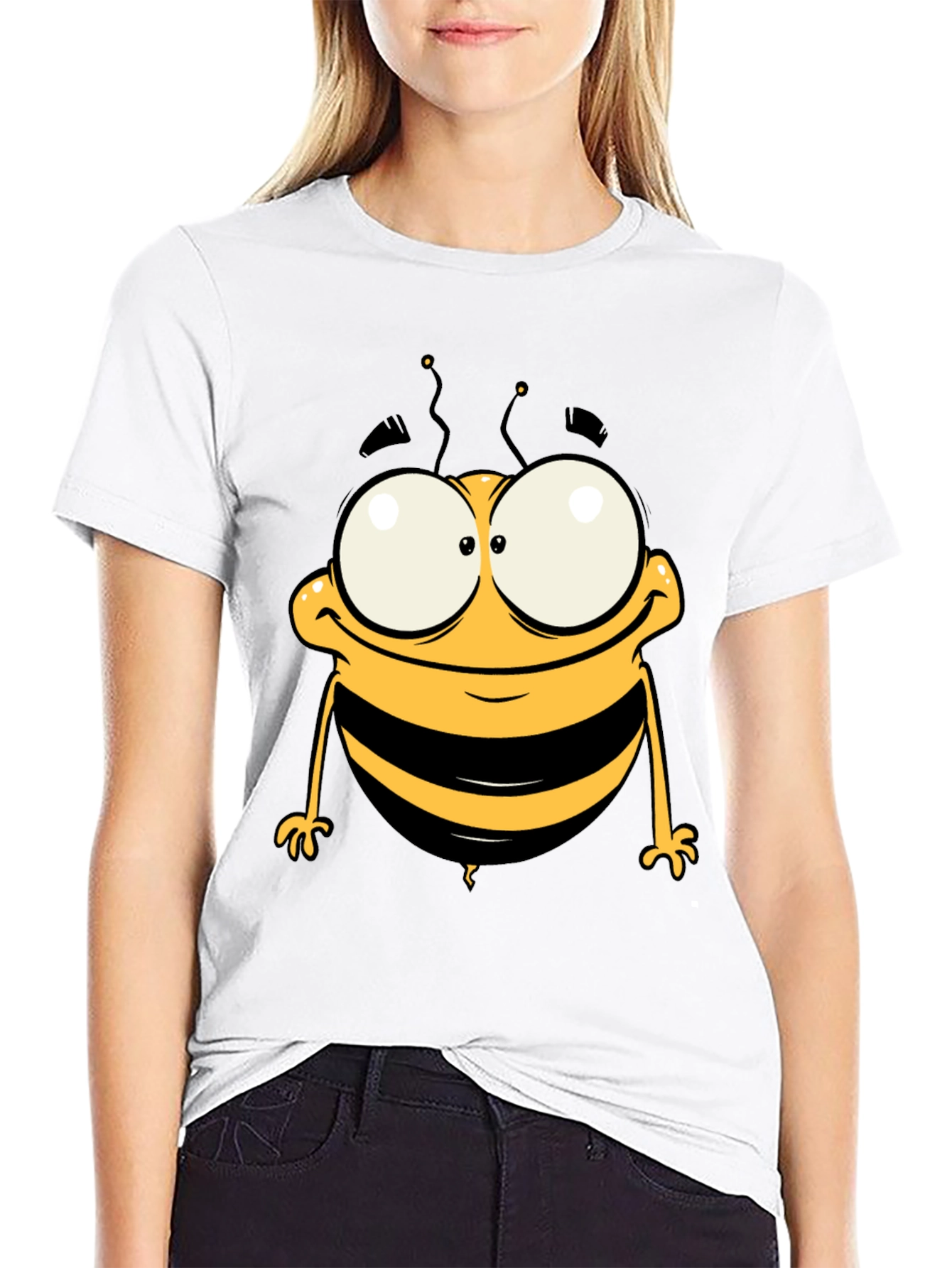Funny Cartoon Bee Graphic Tee - Black Cotton T-Shirt