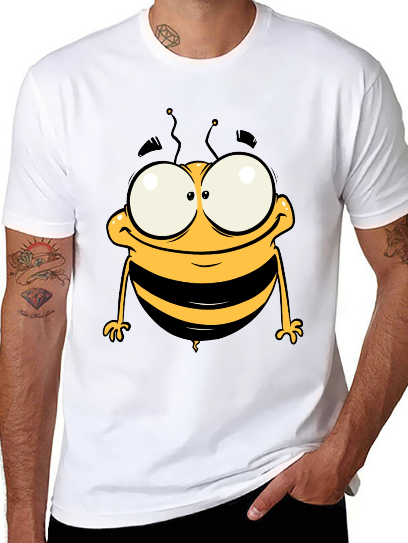 Funny Cartoon Bee Graphic Tee - Black Cotton T-Shirt