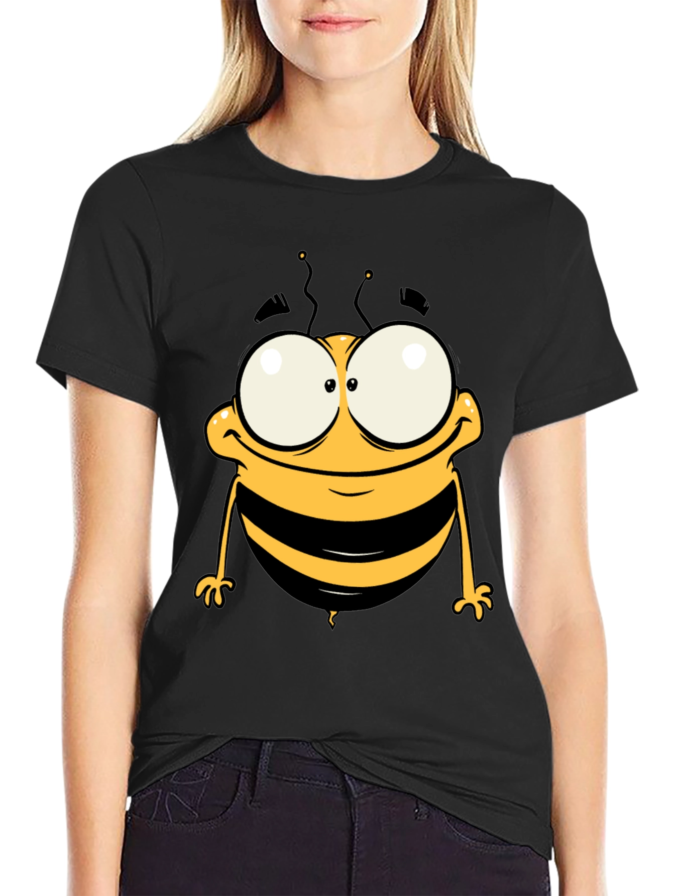 Funny Cartoon Bee Graphic Tee - Black Cotton T-Shirt
