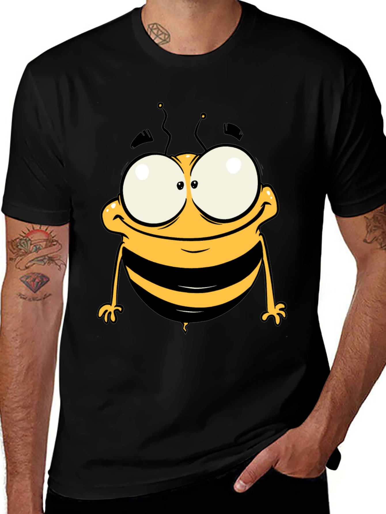 Funny Cartoon Bee Graphic Tee - Black Cotton T-Shirt