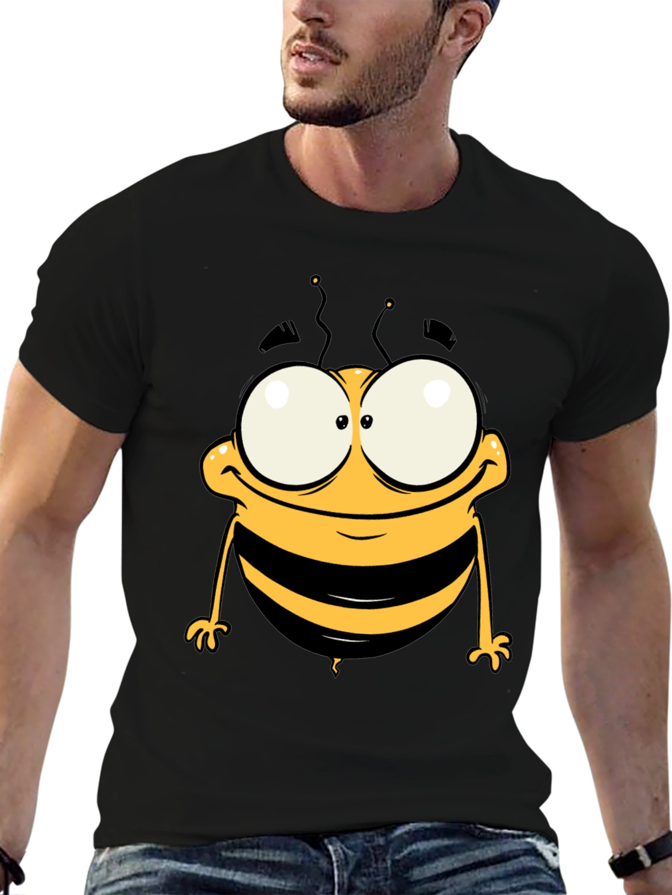 Funny Cartoon Bee Graphic Tee - Black Cotton T-Shirt