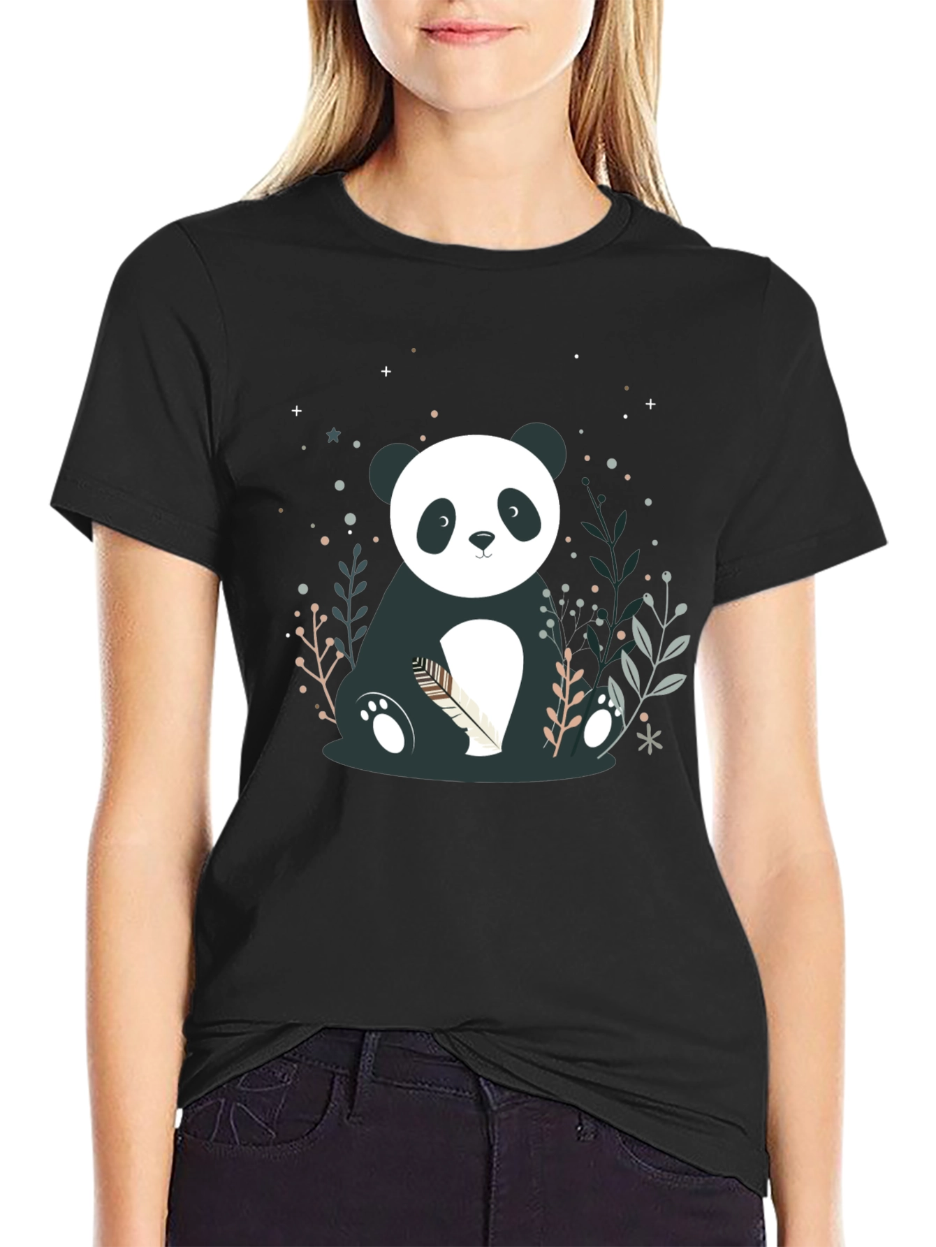 Cute Panda Graphic Print Black T-Shirt