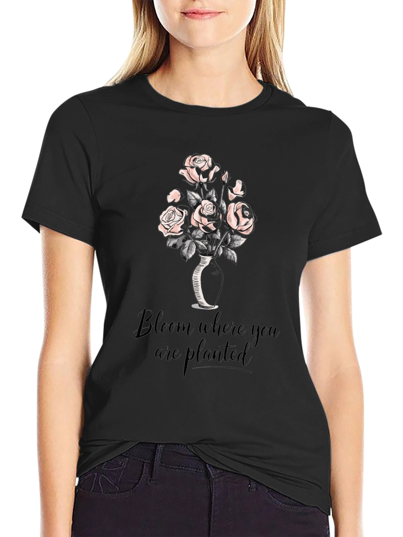 Bloom Where You Are Planted Black Graphic T-Shirt