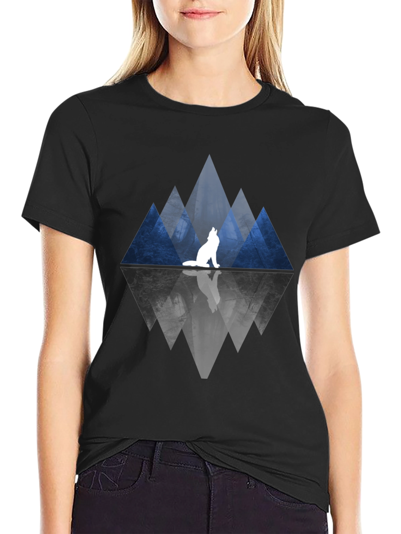 Wolf & Mountain Reflection Black T-Shirt
