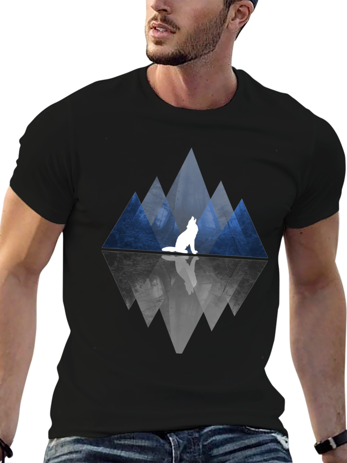 Wolf & Mountain Reflection Black T-Shirt